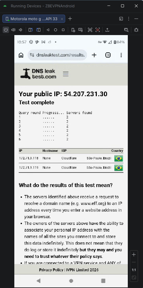 DNSLeakTest.com Android test result
