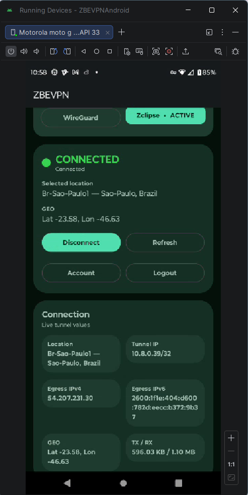 ZBEVPN Android client connected to Sao Paulo, Brazil