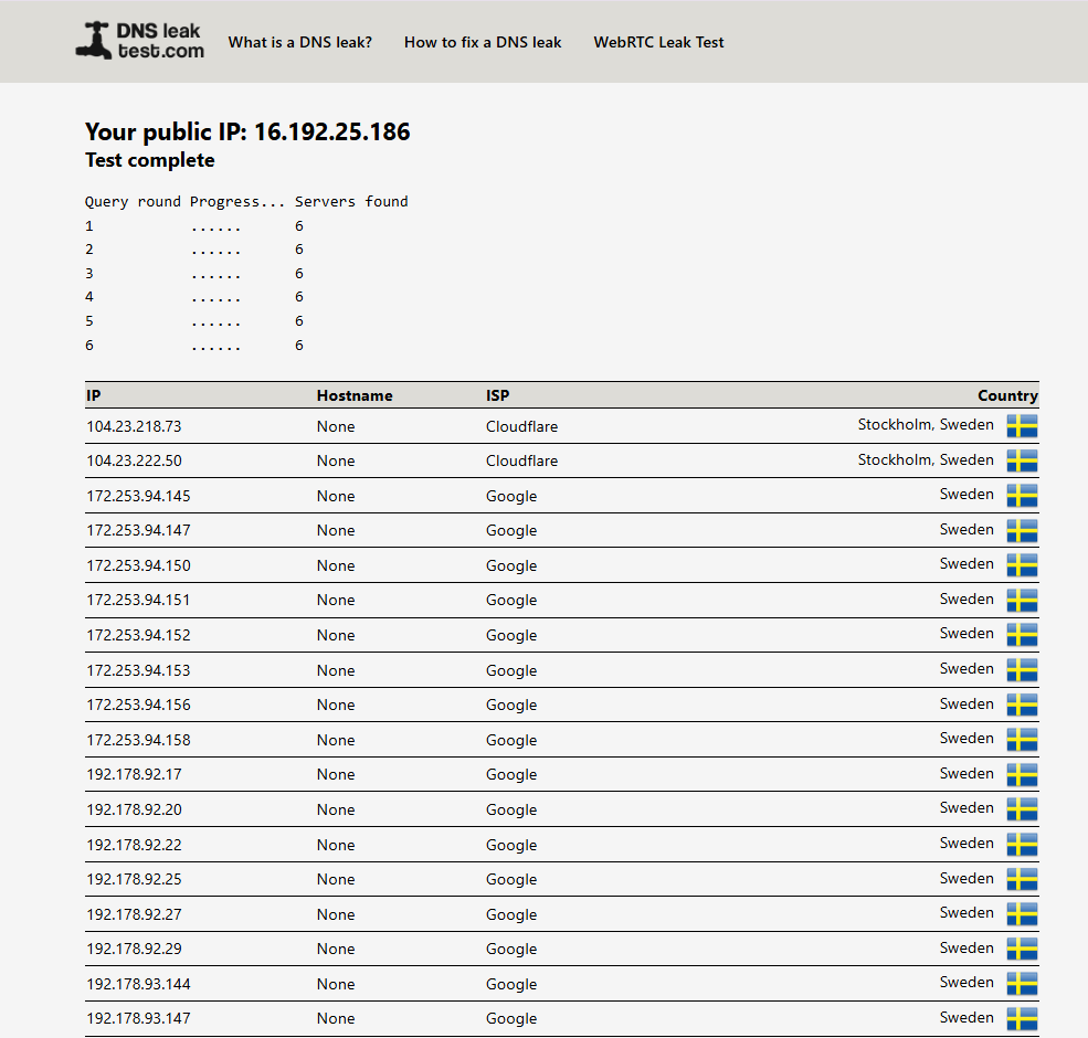 DNSLeakTest.com Windows test result, top portion