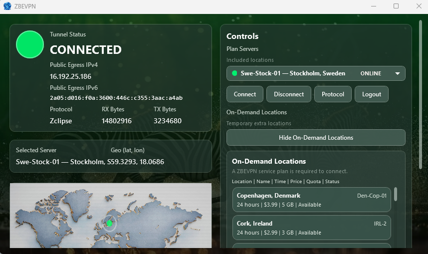 ZBEVPN Windows client connected to Stockholm, Sweden