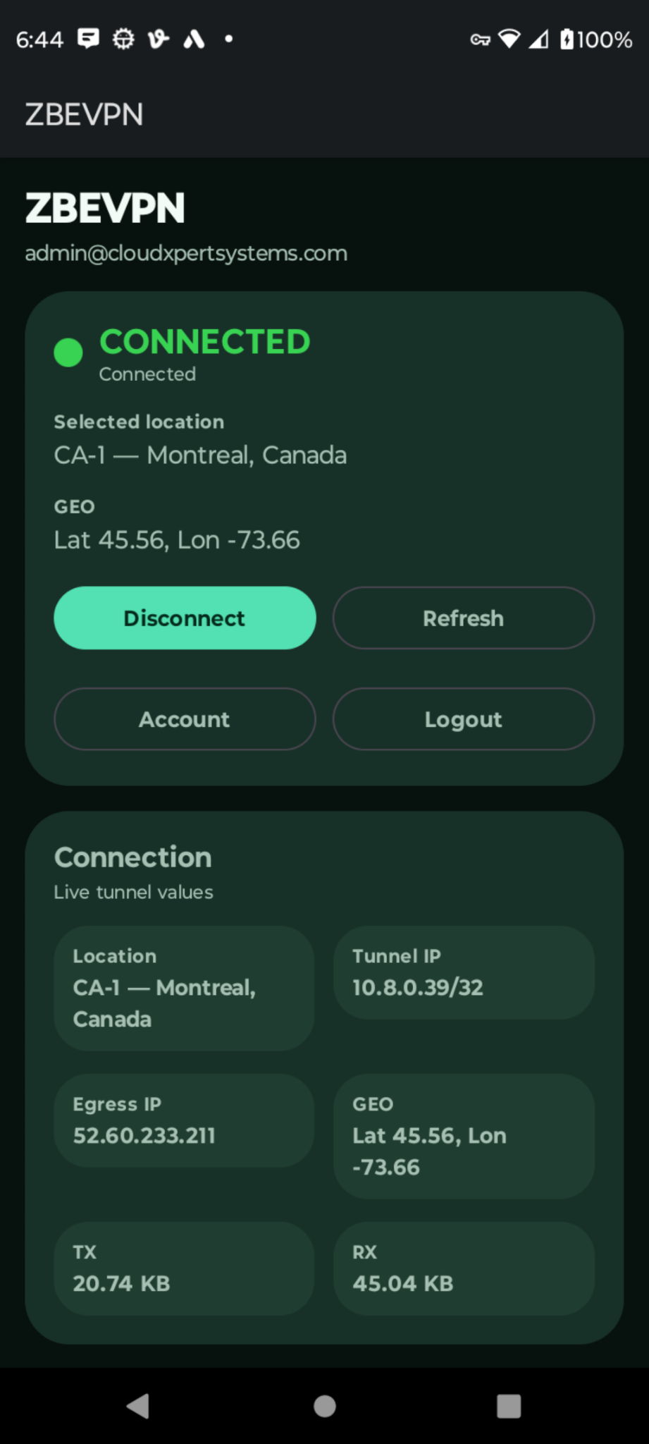 ZBEVPN Android application connected