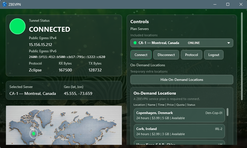 ZBEVPN Windows application connected to a VPN location